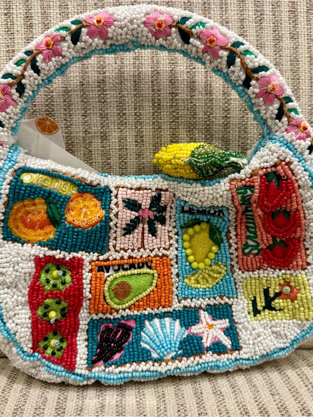 Made in India Beaded Fruit Mini Bag – White Multicolor w/lemon charm